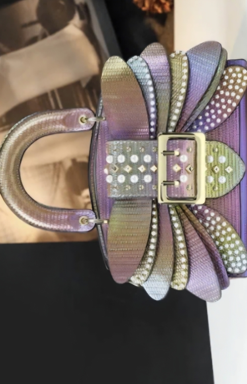 Iridescent Multi-Color Studded Top-Handle Bag